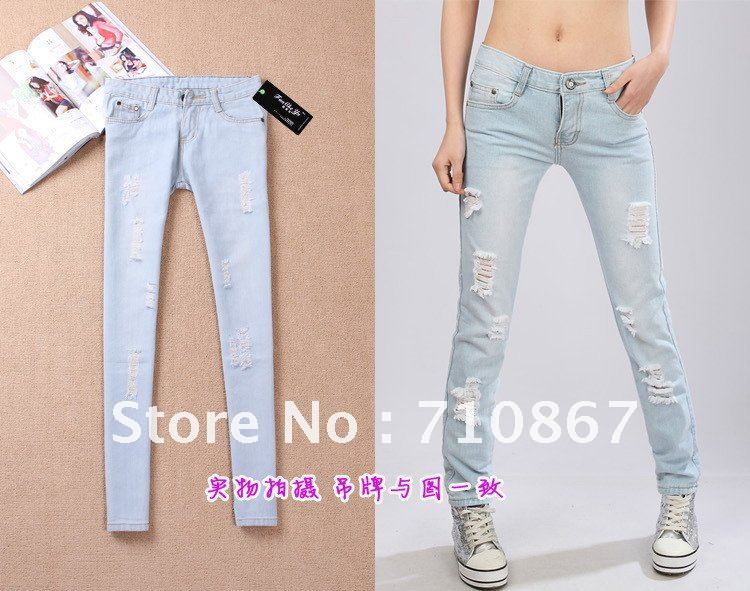 2012 women fashion denim ripped Distrressed white skinny jeans,behind printing Pencil pants for woman