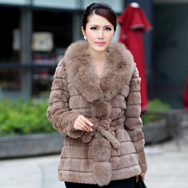 2012 Women Fashion Real Rabbit Fur Coat with Fox Fur collar outwear Garment in stock Free shipping