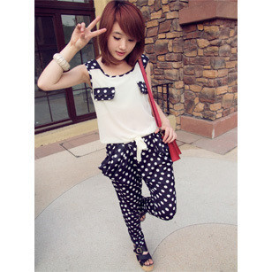 2012 women fashion Vintage polka dot patchwork bandage slim vest jumpsuits for women