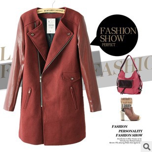 2012 Women PU Leather Long Sleeve Lapel Collar Tweed Coat Windcoat Ladies Coats YC-E211171-Y02