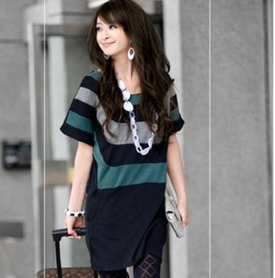 2012 women's 100% cotton long design large loose short-sleeve gentlewomen casual t-shirt dress Women one-piece dress