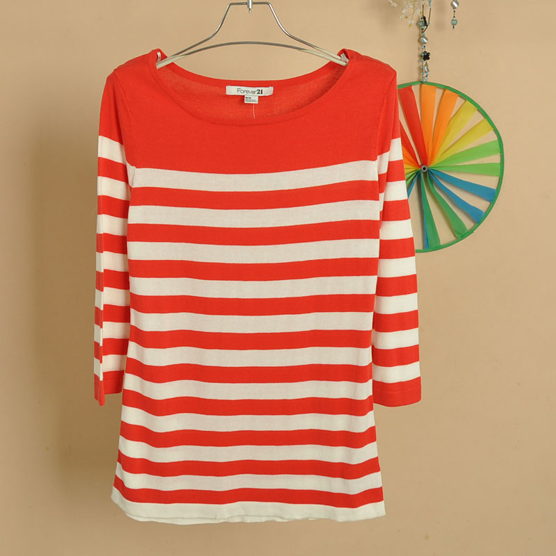 2012 women's 100% cotton stripe o-neck sweater basic shirt plus size 5c21m
