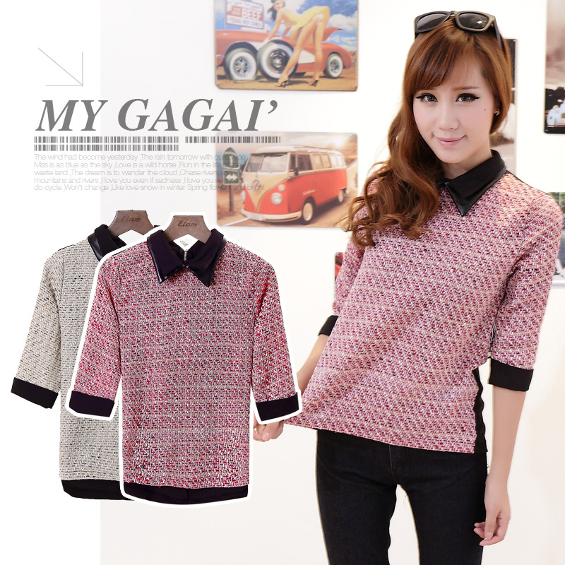 2012 women's all-match three quarter sleeve tweed fabric leather double collar pullover coat b29