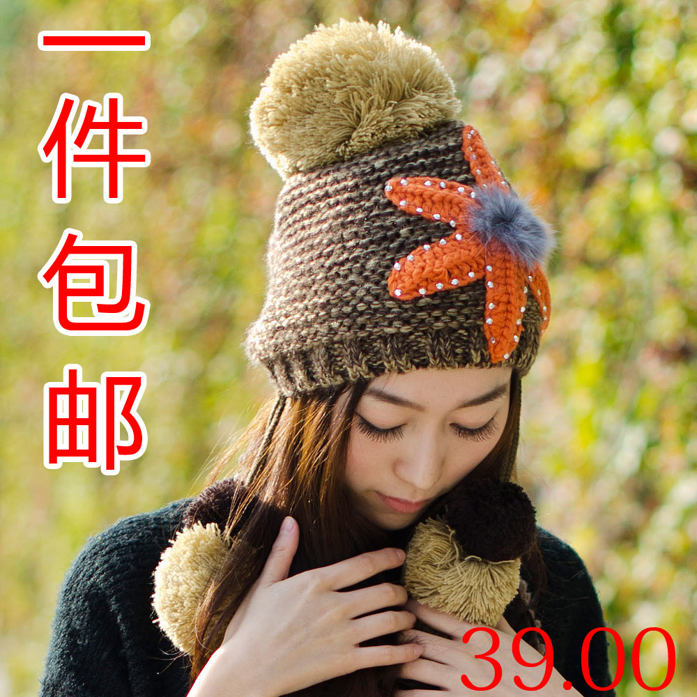 2012 women's autumn and winter hat hair ball thermal knitted hat knitted ear hat