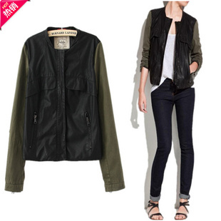2012 women's autumn black leather patchwork PU Army Green sleeves tooling jacket outerwear W40S