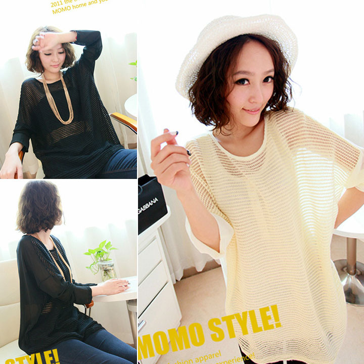 2012 women's autumn cutout long-sleeve loose chiffon knitted patchwork long design sweater 977 free shipping