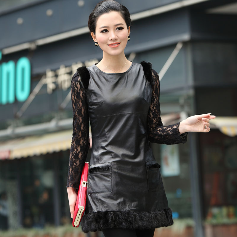 2012 women's autumn sheepskin genuine leather sleeveless vest genuine leather female one-piece dress sweep fight mink