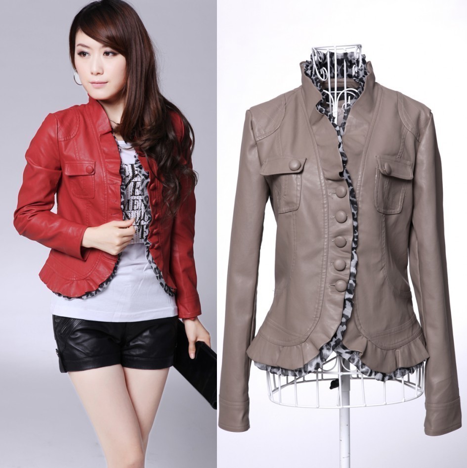 2012 women's autumn solid color long-sleeve slim top leather clothing short jacket