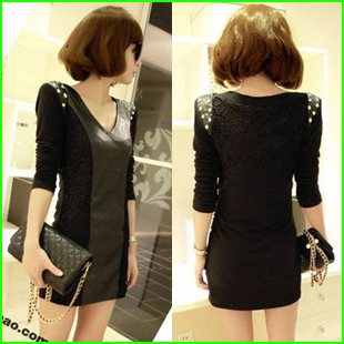 2012 women's basic skirt female lace faux leather patchwork short one-piece dress Women