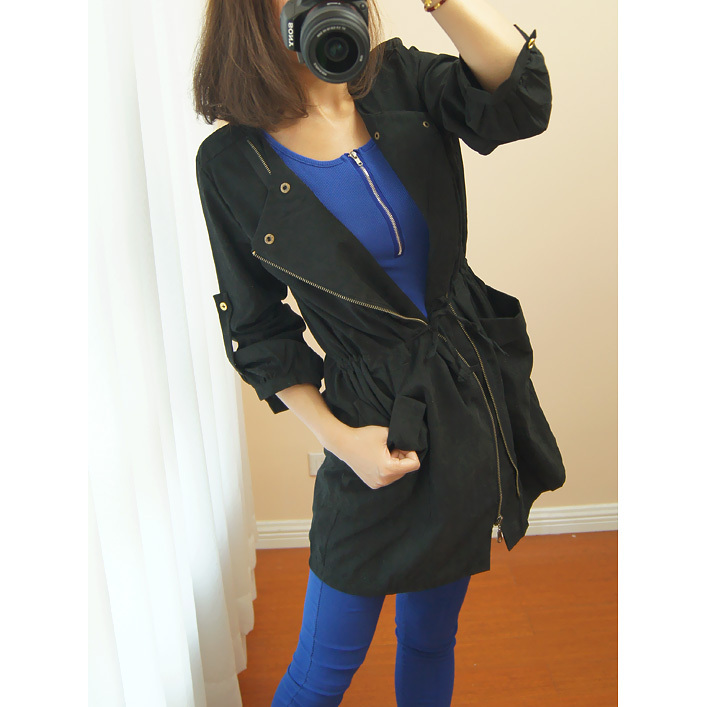 2012 women's black buckle slim waist straps zipper large pocket loose casual clothes