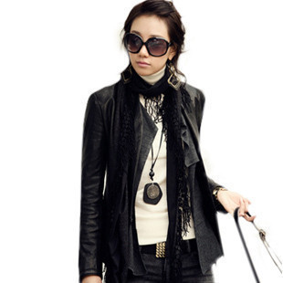 2012 women's black motorcycle short design leather clothing jacket outerwear