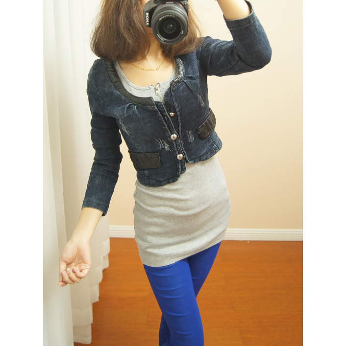 2012 women's brief patchwork pocket yarn applique ultra-short denim coat