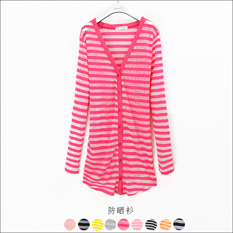 2012 women's candy color stripe sun protection clothing sun shirt thin outerwear transparent long-sleeve beach clothes air