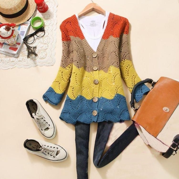2012 women's candy color sweater multicolour wave stripe cardigan cutout sweater outerwear