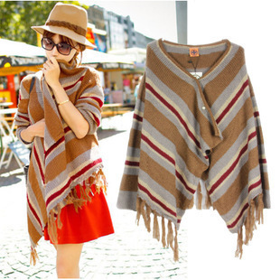 2012 women's cape cloak tassel knitted sweater stripe irregular outerwear female GB875