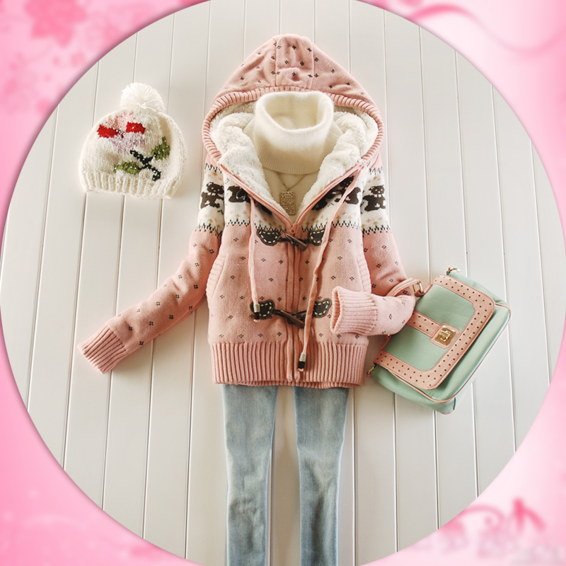 2012 women's cartoon hooded thickening plus velvet sweater outerwear yarn cardigan