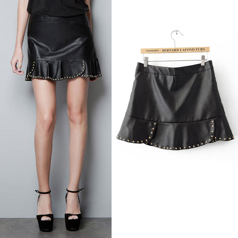2012 women's casual fashion rivet studded laciness PU  leather mini skirt Free shipping