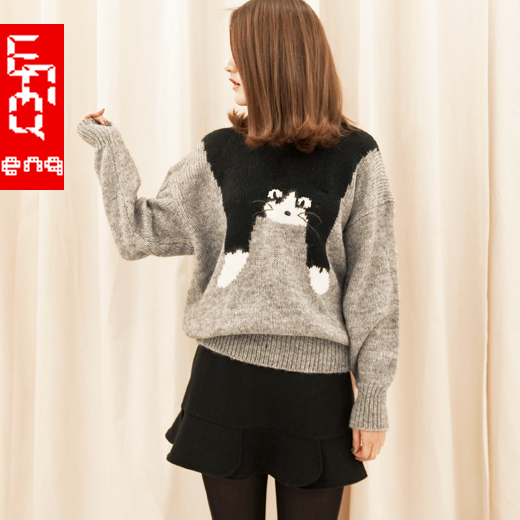 2012 women's cat pattern loose female casual pullover sweater knitted thermal sweater shirt