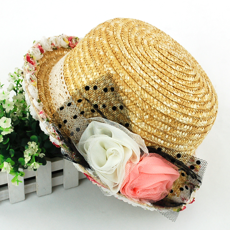 2012 women's ccia material roll-up hem flower inlaying short brim strawhat casual straw braid hat
