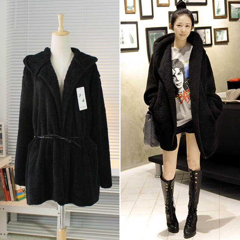 2012 women's cloak hooded plush thickening outerwear overcoat 3152