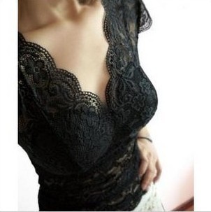 2012 women's clothes sexy full lace perspectivity belt pad V-neck basic lace shirt free shipping