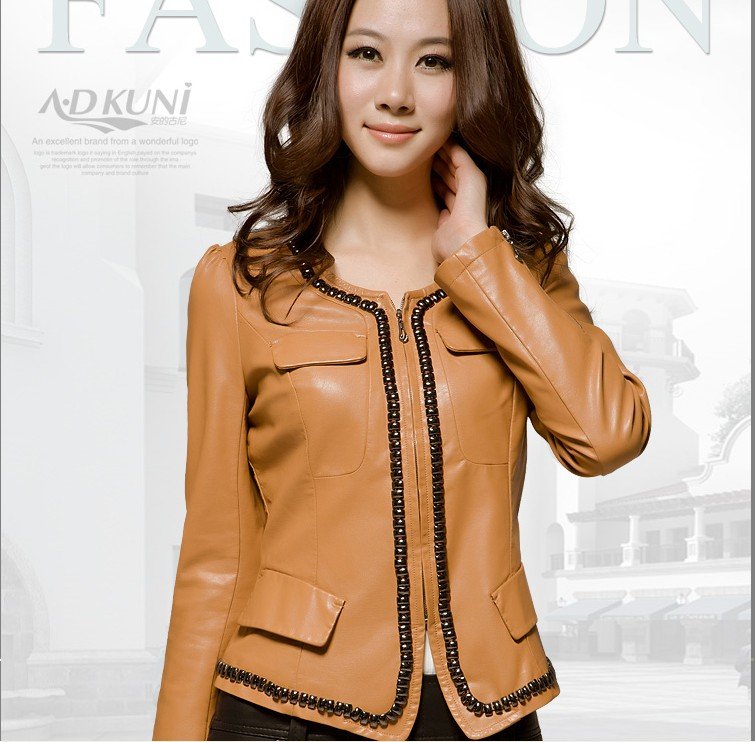 2012 women's clothing beaded decorative round neck short leather coat Autumn