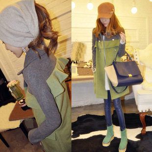 2012 women's color block decoration cashmere slim wool coat trench woolen outerwear