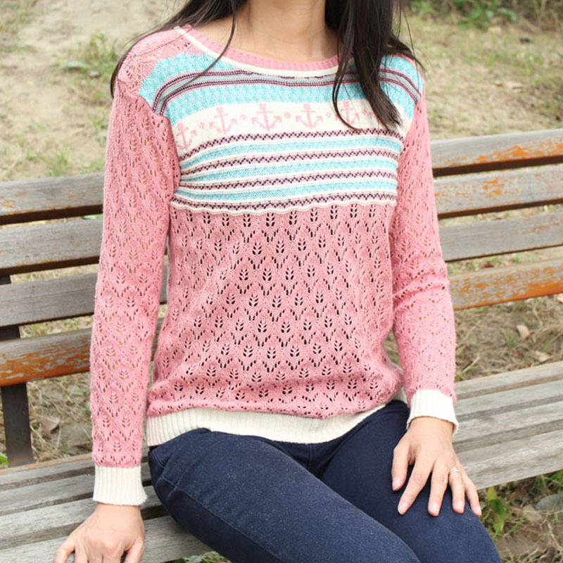 2012 women's color block decoration cutout loose stripe pullover sweater wool sweater outerwear