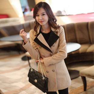 2012 women's color block turn-down collar double breasted slim medium-long overcoat trench