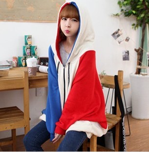 2012 women's d308 cardigan with a hood loose patchwork color block female sweatshirt outerwear plus size