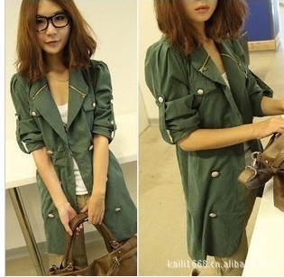 2012 women's d427 casual military metal zipper slim double breasted outerwear trench thin