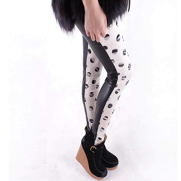 2012 women's dot leather backwa-rds and patchwork dull legging ankle length trousers