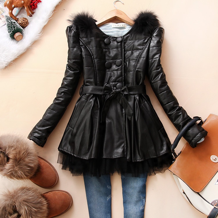 2012 women's double breasted slim gauze leather wadded jacket