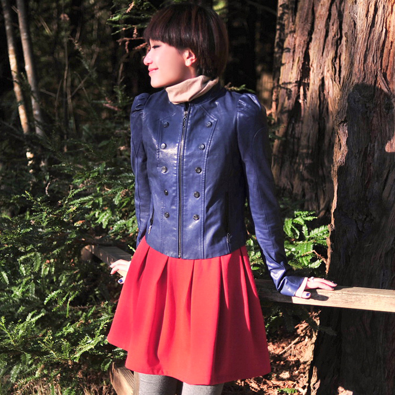 2012 women's double breasted stand collar puff sleeve short design sheep leather clothing outerwear p0730