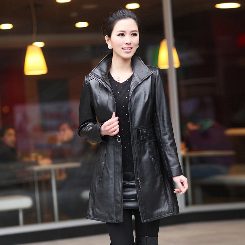 2012 women's down coat 9.25 big turn-down collar slim sheepskin genuine leather clothing medium-long  f868 women down jacket