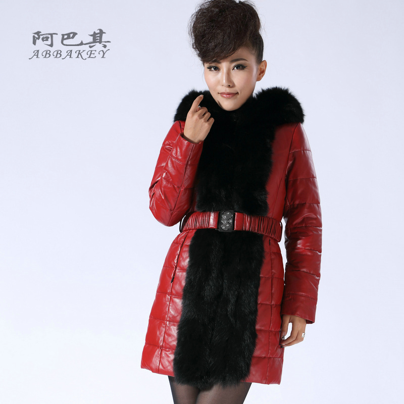 2012 women's down jacket fashion   genuine leather  sheepskin leather   long design ultralarge fox fur with a hood down coat