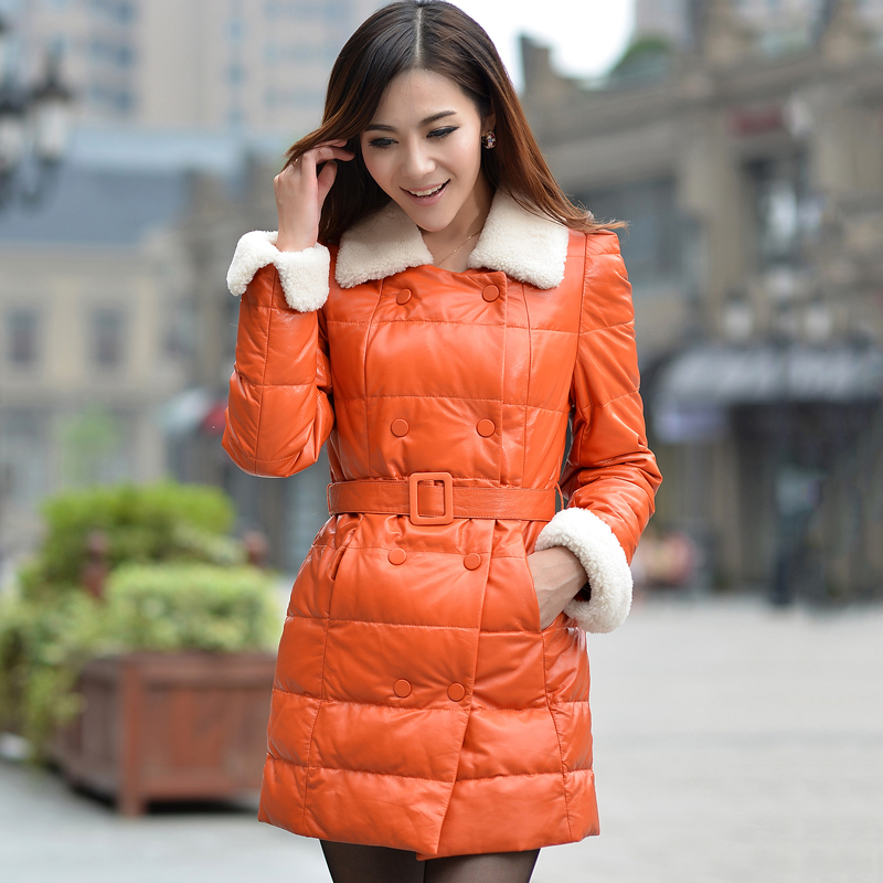 2012 women's down jacket fashion High quality sheepskin genuine leather  leather   berber fleece fur collar medium-long