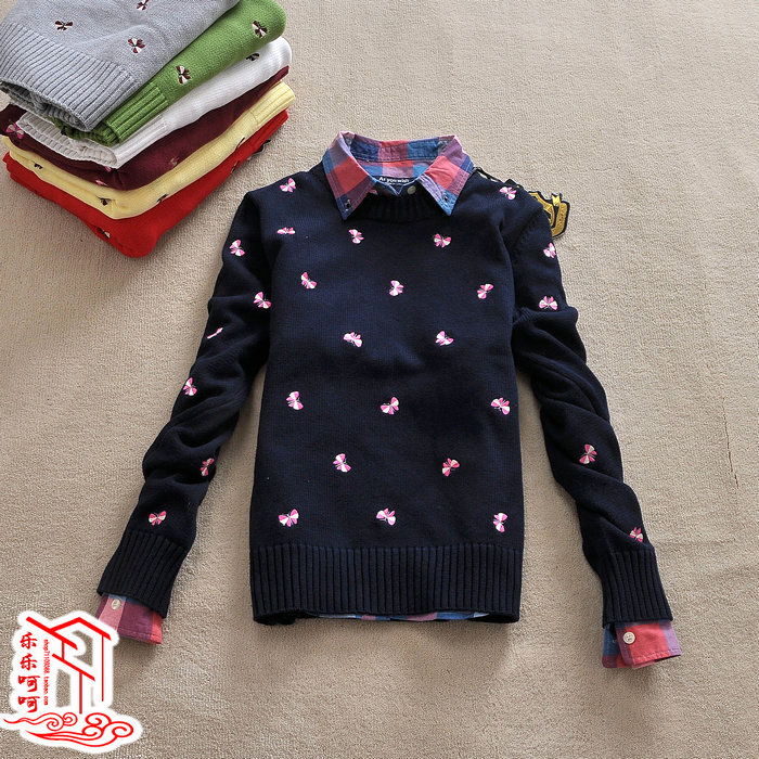 2012 women's embroidery small butterfly pullover sweater female fashion preppy style embroidery sweater