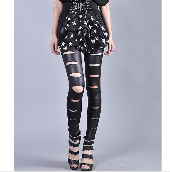 2012 women's fashion big high quality patent leather hole legging faux leather pants female