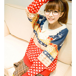 2012 women's fashion dimond plaid christmas deer multicolour loose long-sleeve pullover sweater