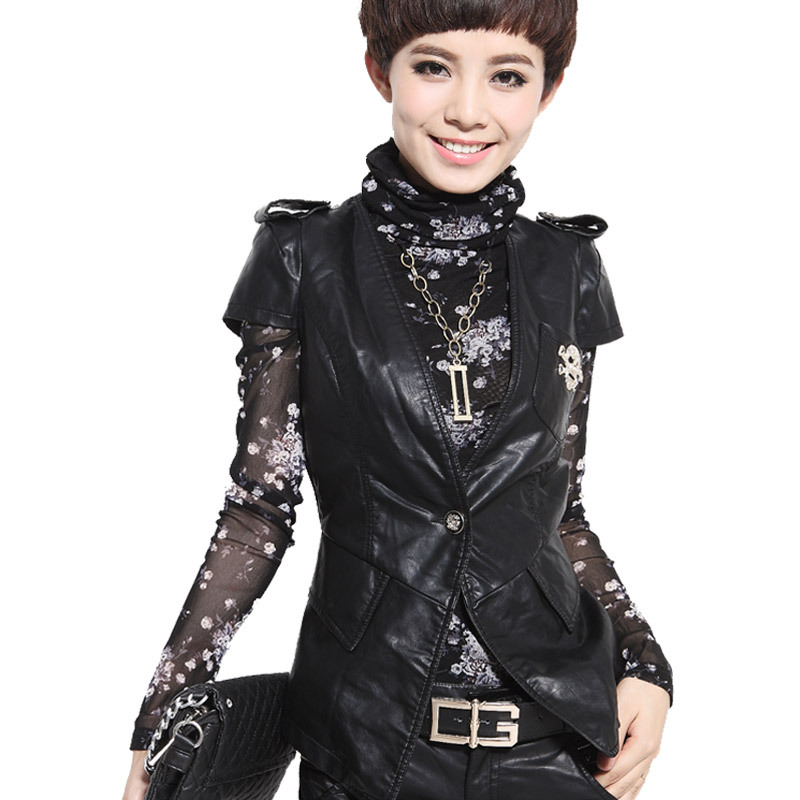 2012 women's fashion epaulette patchwork chiffon short-sleeve slim leather vest leather clothing coat