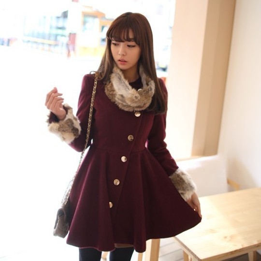 2012 women's fashion fur collar single breasted wool elegant oblique buckle wool trench coat female