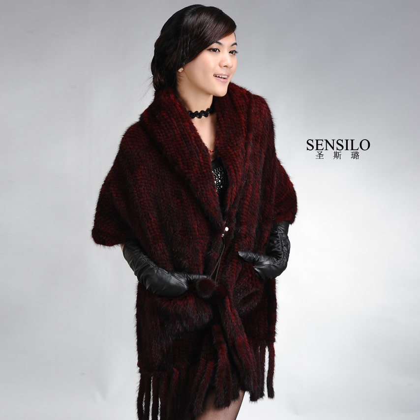 2012 women's fashion mink fur knitted cape mink fur coat tassel s6812 free shipping black brown wine