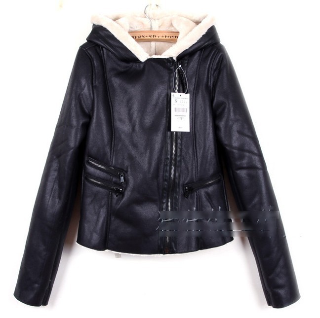 2012 women's fashion new arrival fashion slim PU lamb's hooded leather wadded jacket cotton-padded jacket