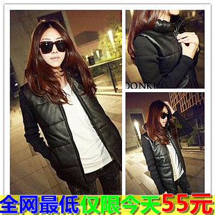 2012 women's fashion pillow patchwork rib knitting cuff slim leather clothing cotton-padded jacket wadded jacket wadded jacket
