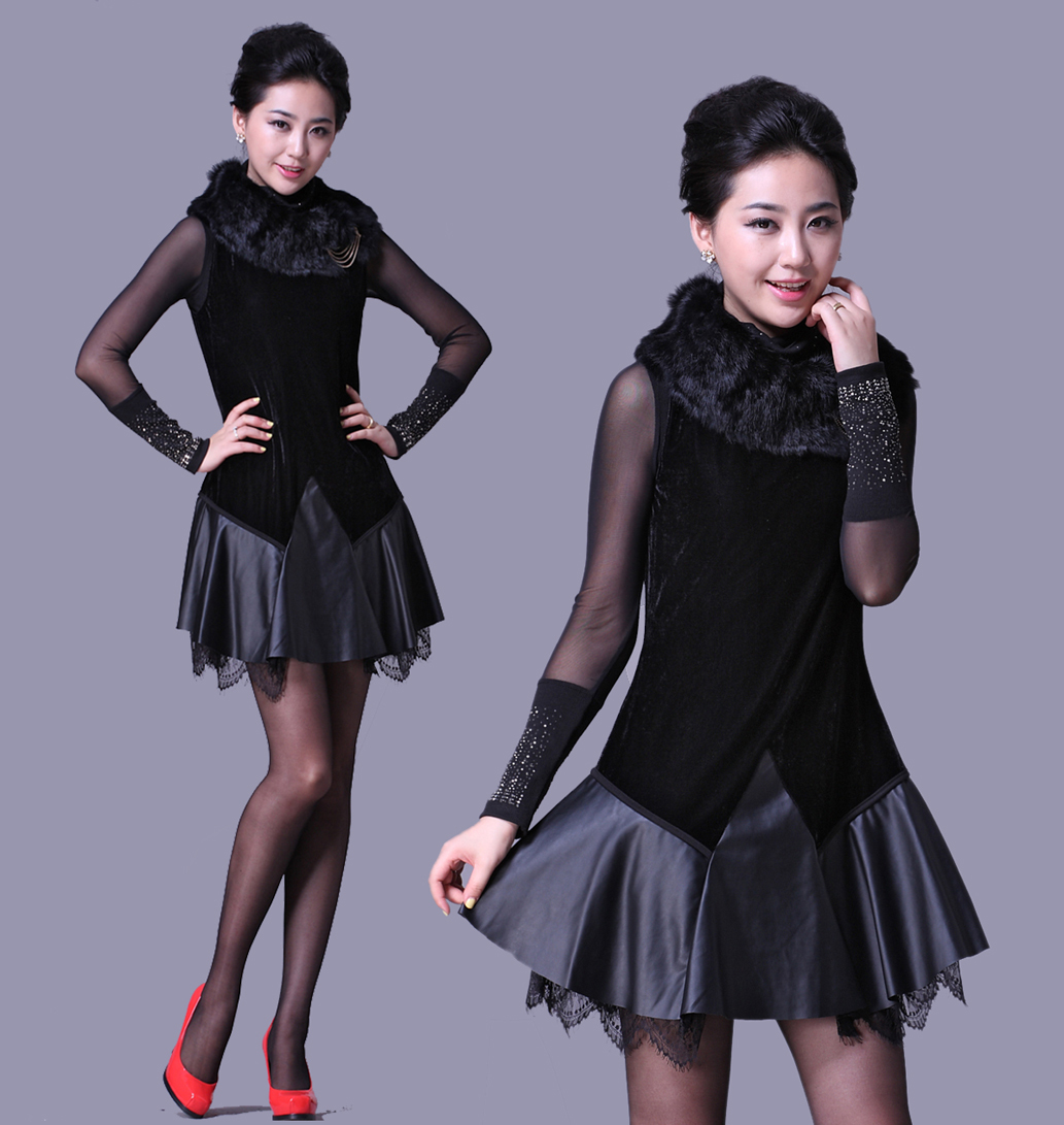 2012 women's fashion rabbit fur lace brooch black leather skirt vest one-piece dress
