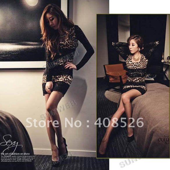 2012 Women's Fashion sexy Leopard Print Trim Mini Lace  Dress Black free shipping 2664