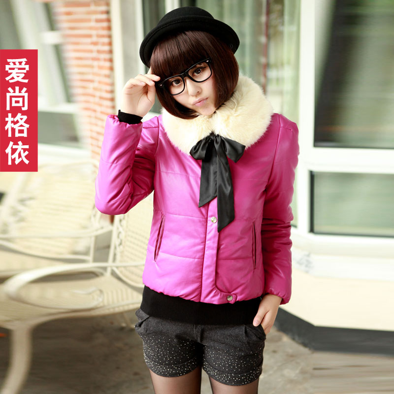 2012 women's fashion white fur collar PU wadded jacket o-neck coat short preppy style cotton-padded jacket+belt multicolor S-XL