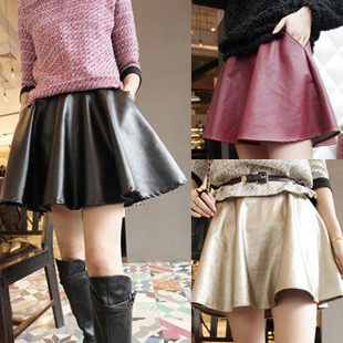 2012 women's female casual solid color leather skirt short skirt puff skirt bust skirt Free shipping
