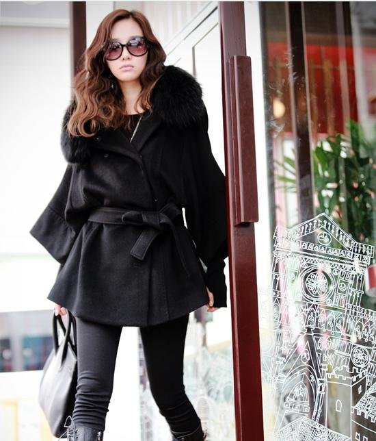 2012 women's fox fur black cashmere overcoat female wool coat outerwear